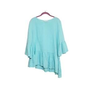 BRYN WALKER 100% Linen Blue Assymetrical Lagenlook Boxy Top